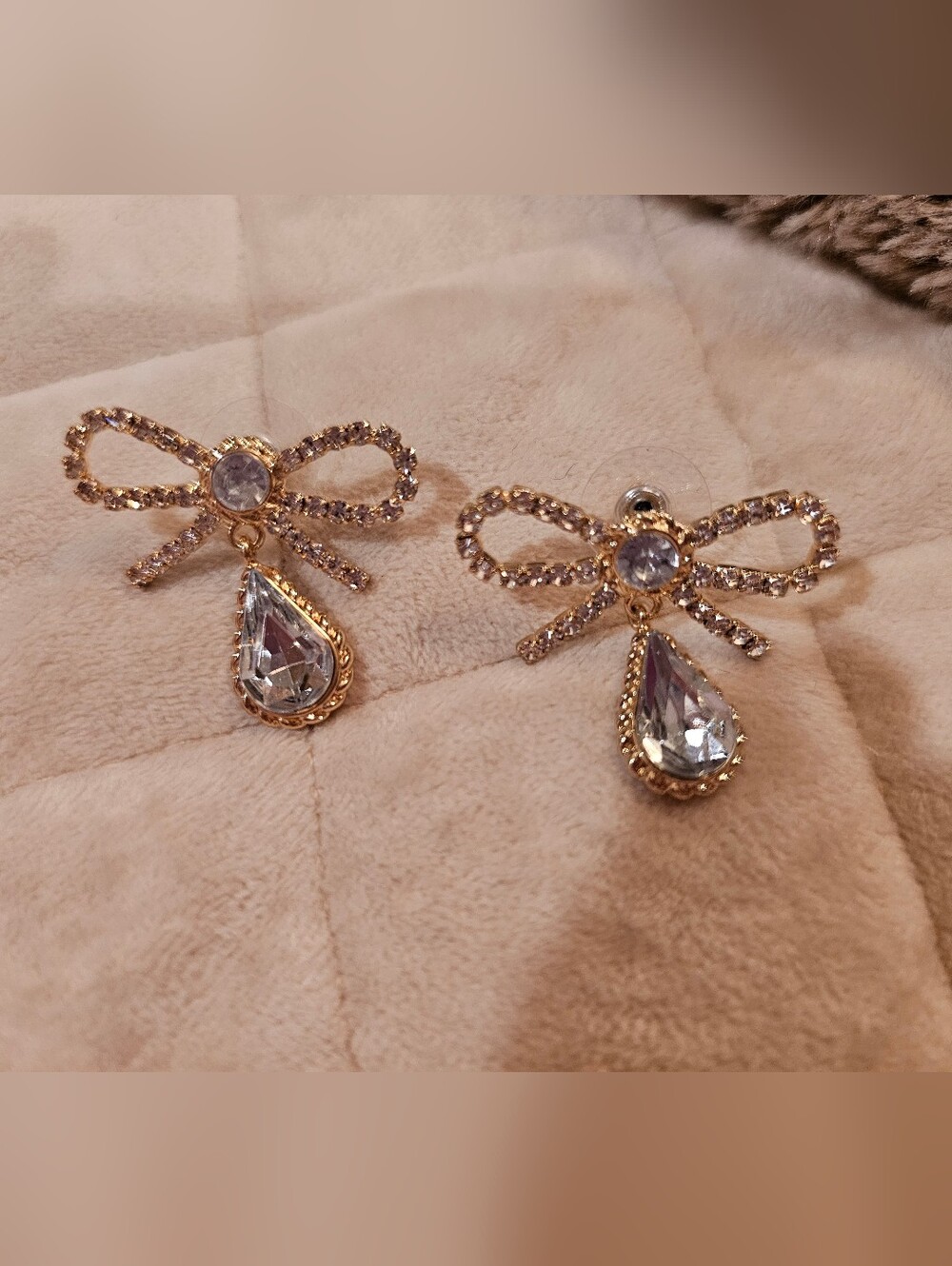 Gold Bow Drop Earrings with Clear Crystal Teardrops